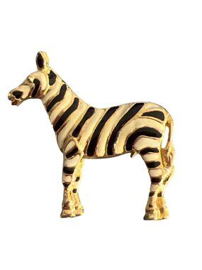 Vintage Gold Tone Zebra Brooch Pin Black White Enamel Zoo Animal Safari 1.5"